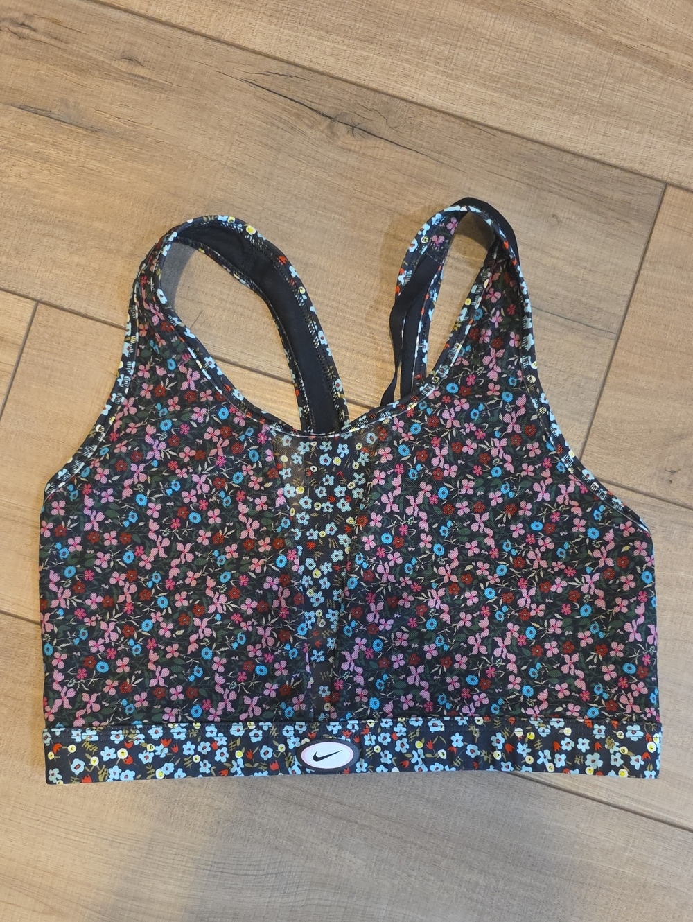 Nike Black Floral Racerback Sports Bra with Pink & Blue Flowers Size L
